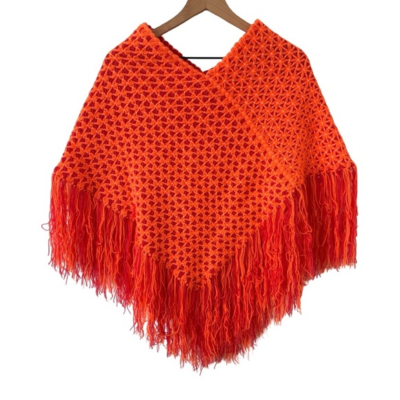 Handmade Crochet Fringe Poncho Orange Pink Boho Retro Fall Layering - Picture 6 of 8